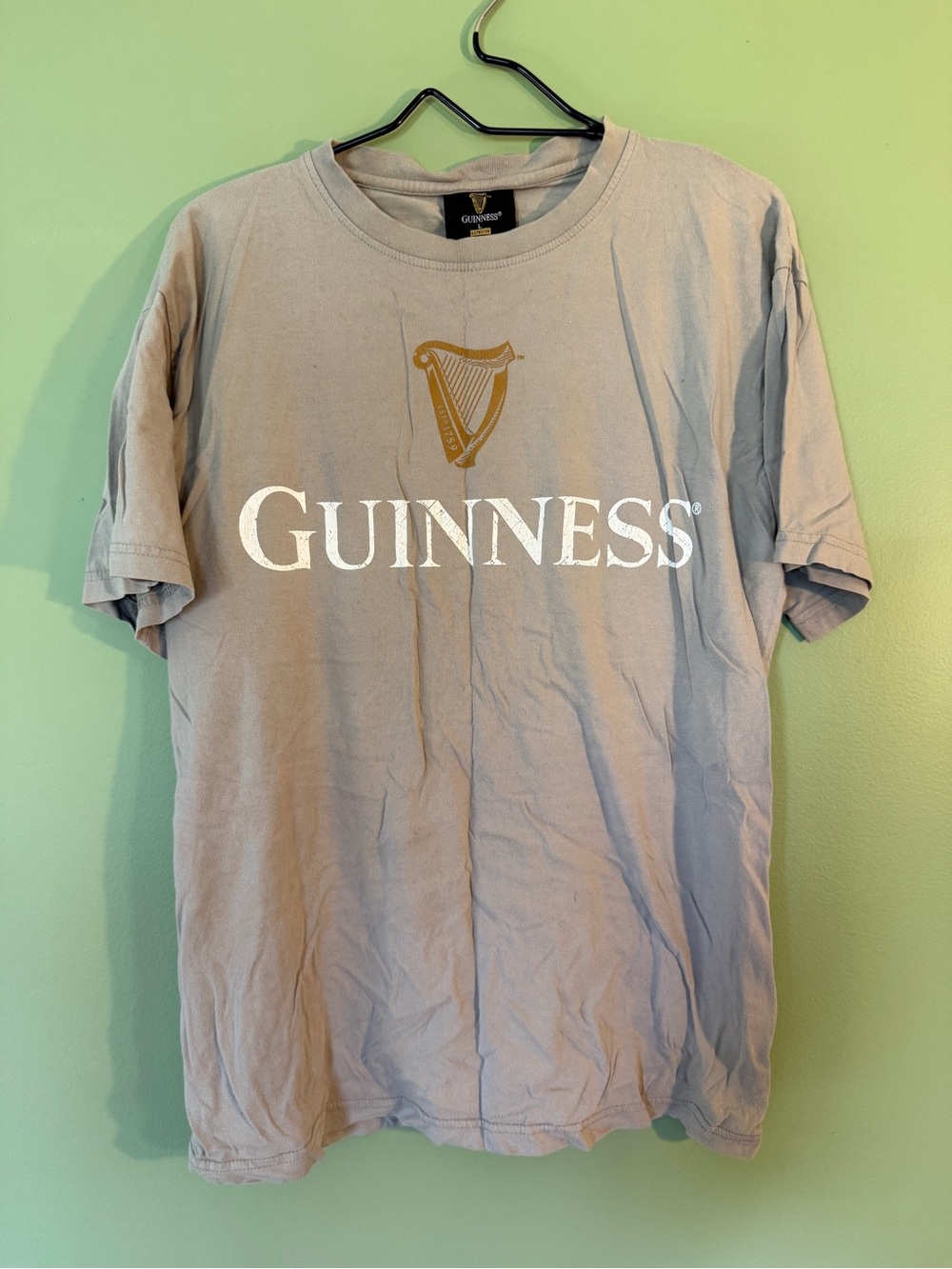 Guinness Gray Tee with White Logo and Gold Harp